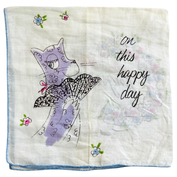 Vintage Welcher Handkerchief Anthropomorphic Cats Congratulations Wedding READ - Picture 1 of 12